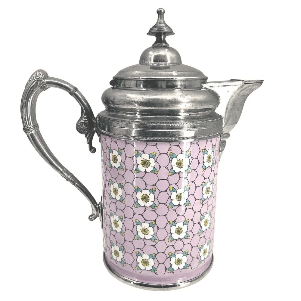 Antique Vintage Graniteware Enamel & Pewter Coffee Pot Pink Chicken Wire Dogwood